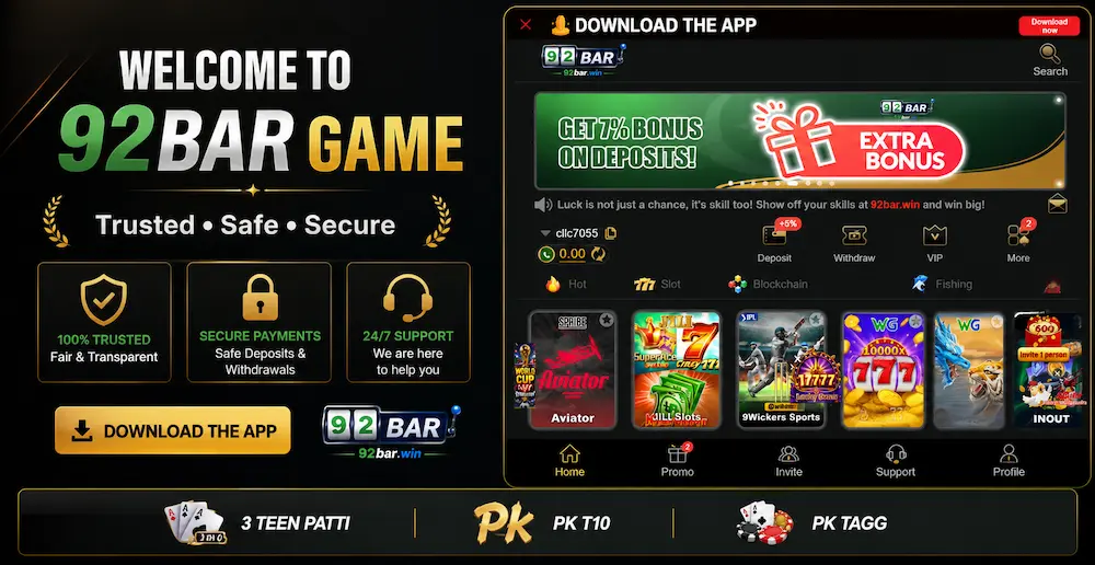 92Bar Game APK download interface showing casino style earning app dashboard in Pakistan 2026