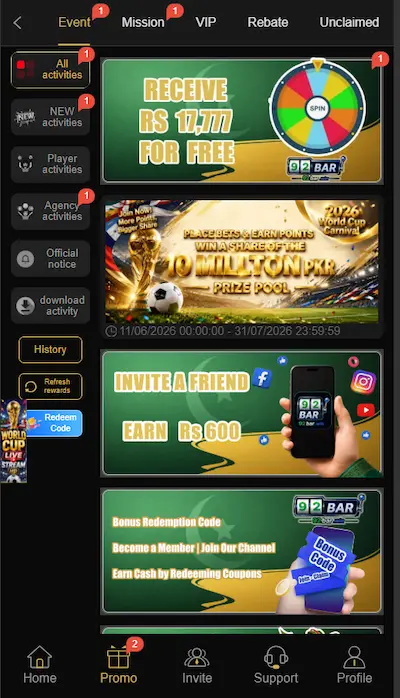 92Bar Game real earning app UI showing deposit, withdraw and bonus options
